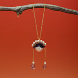 Lavender Quartz and Pearl Floral Pendant Necklace