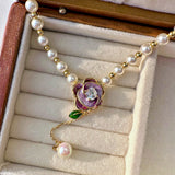Glowing Purple Orchid Pearl Teardrop Pendant Necklace